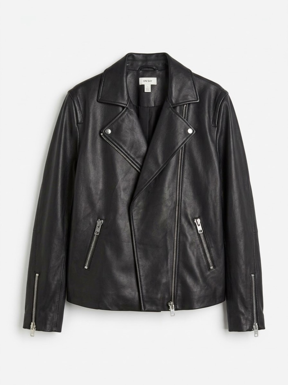 ON-SAY Black Leather Asymmetric Biker Jacket